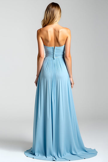 Bleu dos ouvert bustier trapèze froncé longue robe de demoiselle d’honneur avec fente